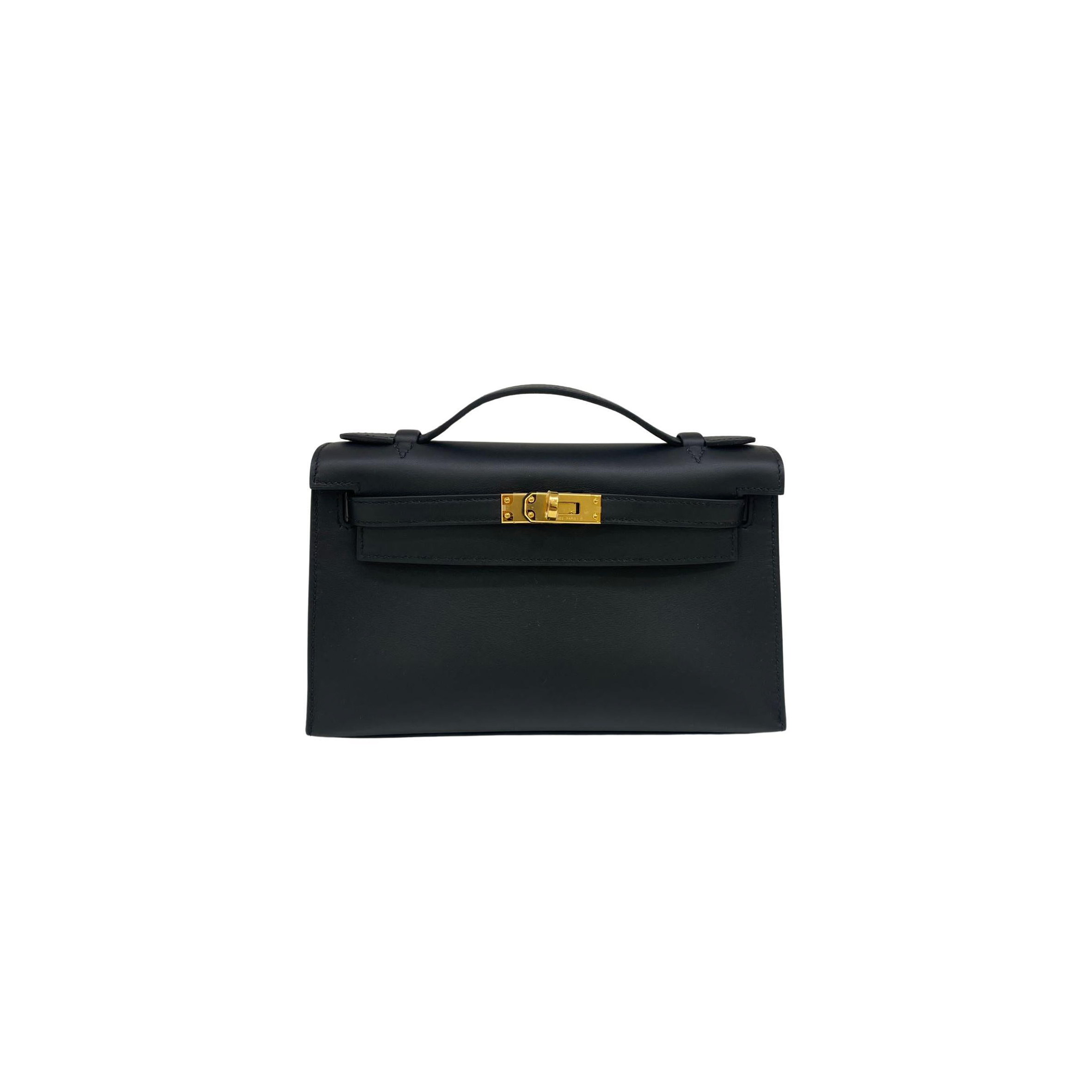 HERMES KELLY POCHETTE BLACK SWIFT GOLD HARDWARE (22*14*7cm) 